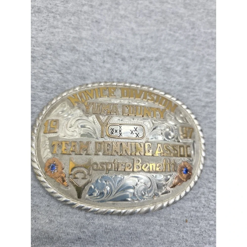 Vintage 1997 Red Bluff Buckle Co Novice Penning Rodeo Ruby Stone Belt Buckle